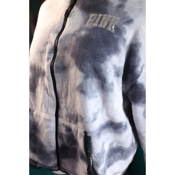 Victoria’s Secrets PINK Bling Sherpa Reversible Jacket Black White Tie Dye Sz S - Picture 3 of 12